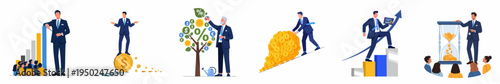 Set of business and financial concepts featuring businessmen managing wealth, growth, investments, and economic success in a modern flat illustration style.