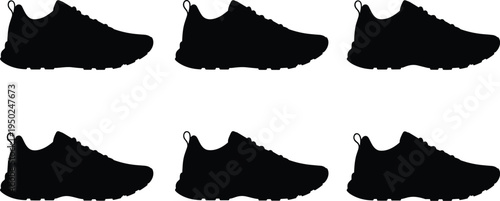 Black sneaker shoe silhouette set, athletic footwear profile icons, modern sport shoe design, minimal fashion illustration isolated white background