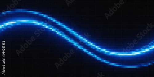 A luminous blue wave flows across a dark, speckled background, suggesting a digital signal or energy stream, creating a sense of motion and depth.