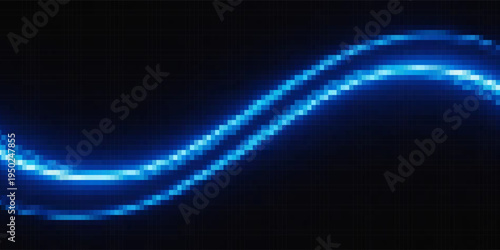A luminous blue wave flows across a dark, speckled background, suggesting a digital signal or energy stream, creating a sense of motion and depth.
