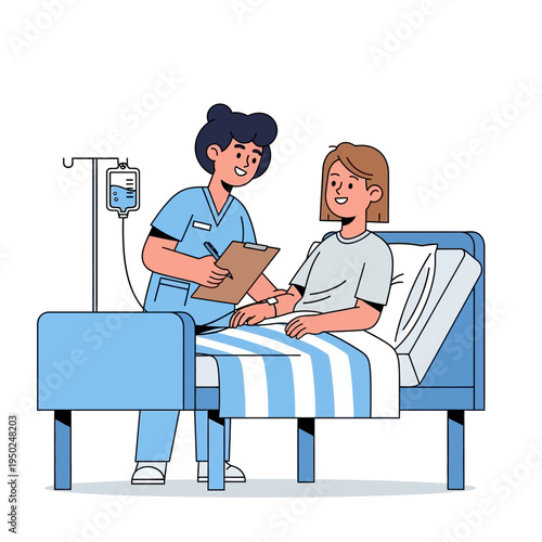 Nurse caring for patient in hospital bed with IV drip, medical care illustration