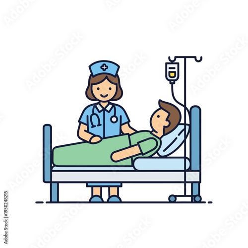 Nurse caring for patient in hospital bed with IV drip, medical care illustration