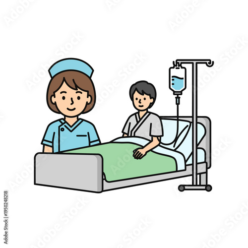 Nurse Caring for Patient in Hospital Bed with IV Drip