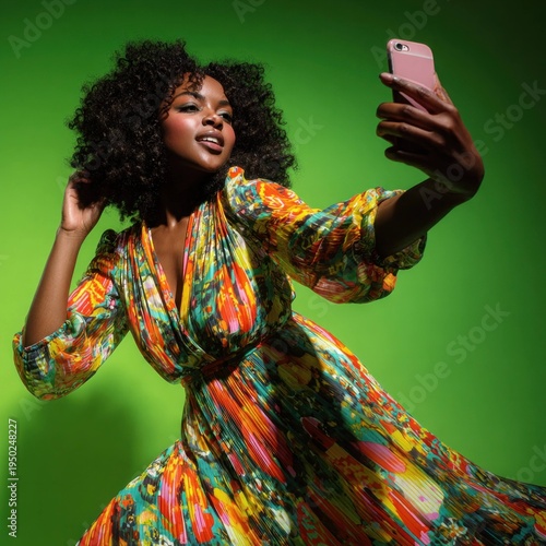 Woman with curly hair wearing colorful dress taking selfie with smartphone on green background, smiling and posing for social media or personal photo with confident expression.