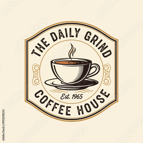 The Daily Grind Coffee House A Vintage Logo Design with a Hot Beverage and Established Date