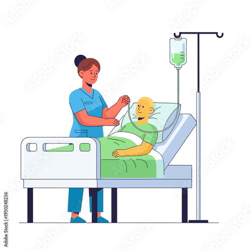 Nurse Caring for Patient in Hospital Bed with IV Drip