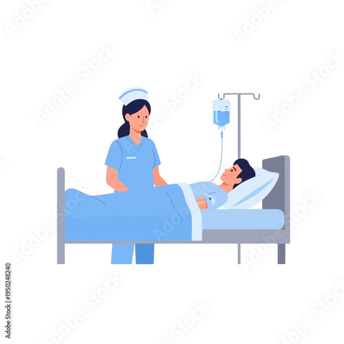 Nurse Caring for Patient in Hospital Bed with IV Drip