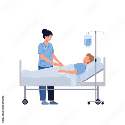 Nurse Caring for Patient in Hospital Bed with IV Drip