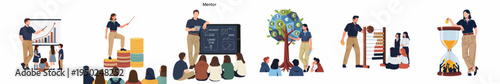 A series of vector illustrations depicting mentors teaching students about financial literacy, investment strategies, saving money, and economic growth through various methods.