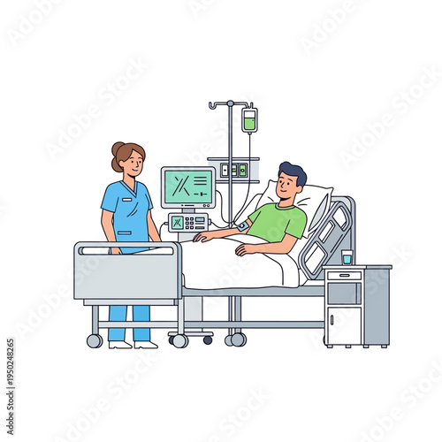 Nurse caring for patient in hospital bed with medical equipment and IV drip