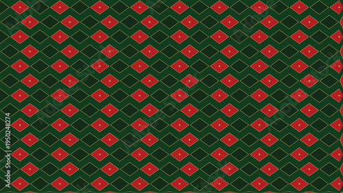 Background pattern with red diamond shapes and green geometric design for holiday decorating, festive Christmas wallpaper, seasonal greeting cards, wrapping paper, textile prints, and creative winter 