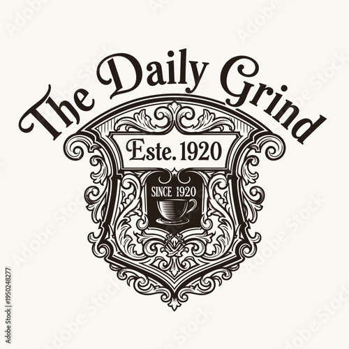 Elegant vintage coffee shop emblem featuring intricate scrollwork and a classic aesthetic, ideal for traditional cafes and beverage brands established with a sense of heritage