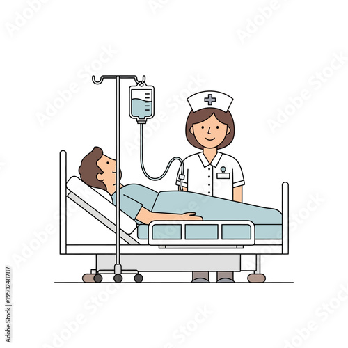 Nurse caring for patient with IV drip in hospital bed, medical care and treatment concept