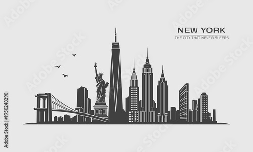 New York skyline silhouette with Statue of Liberty and Manhattan landmarks