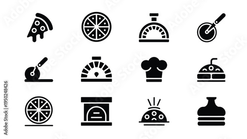 Collection of minimalist black food icons including pizza kitchen tools and desserts on white background