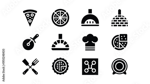 Vector logo pack featuring 12 modern black food icons including pizza utensils and cooking symbols on white background