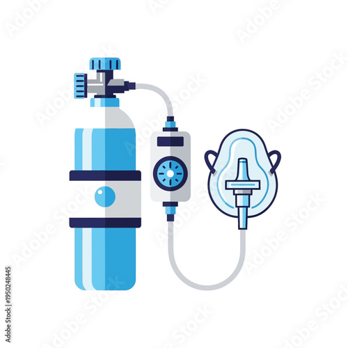 Oxygen tank and mask for medical breathing support, medical equipment illustration