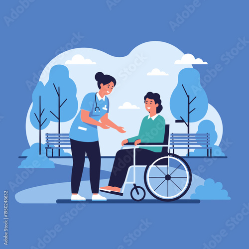 Nurse assisting elderly woman in wheelchair in park, healthcare, outdoor care, support