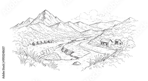 Hand drawn of a mountain valley with a winding river and small village handdrawn