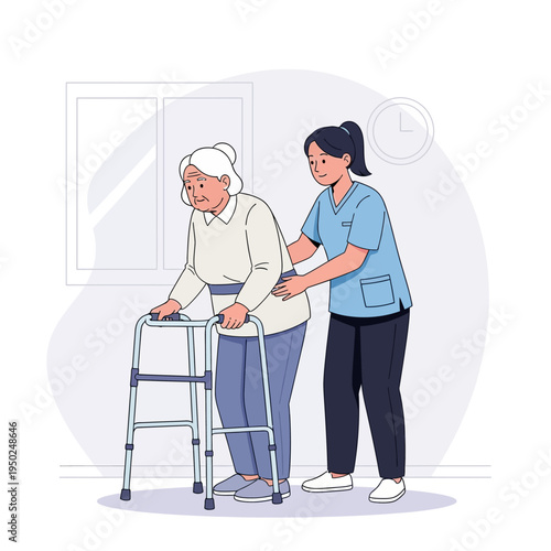 Nurse assisting elderly woman with walker, promoting mobility and care in assisted living