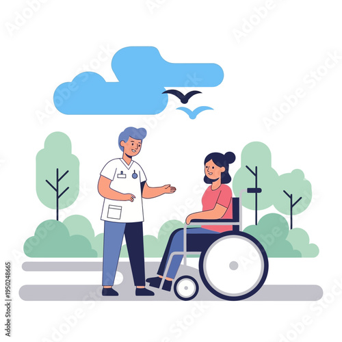 Nurse assisting woman in wheelchair outdoors, healthcare, support, and mobility concept