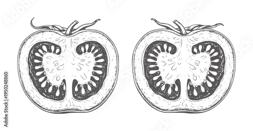 Two halves of a tomato shown in a black and white food