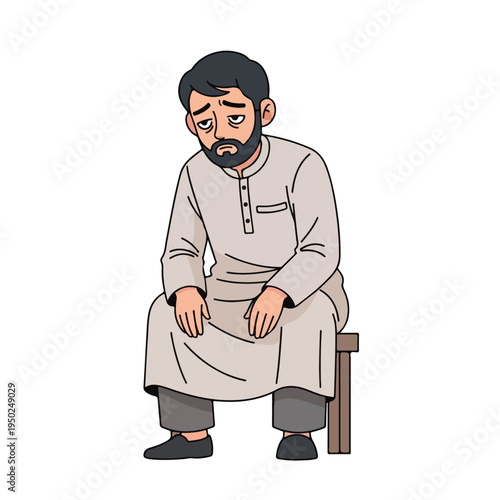 Man sitting on wooden chair with sad expression on face