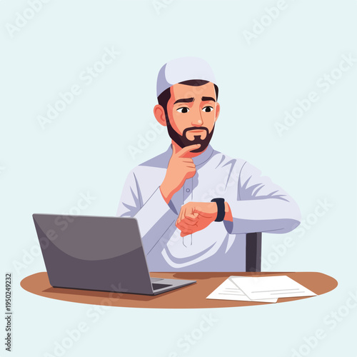 Man in traditional muslim clothing using laptop with thoughtful expression