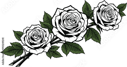 Blue roses illustration, digital floral artwork, decorative tattoo design, elegant botanical drawing, ornamental flower pattern, artistic vector graphic