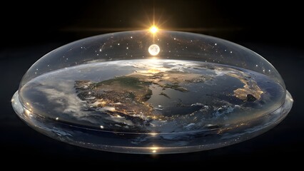 Flat earth model under a transparent dome with sun, moon, and stars, illustrating a unique cosmology