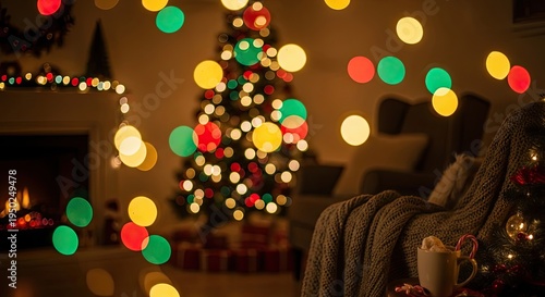 Cozy Christmas Tree and Fireplace at Night.