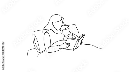 Parent Reading to Child at Bedtime Continuous Single Line Minimalist Precious Moments Line Art Illustration