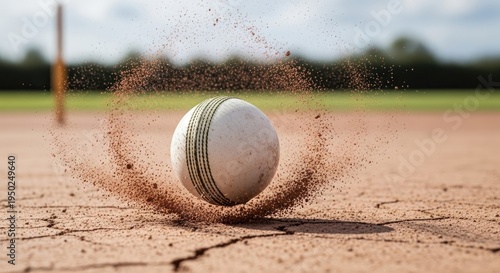 Cricket ball bouncing on field ground.