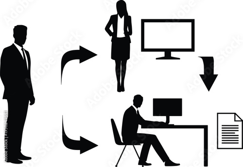 Business communication workflow illustration showing professional teamwork cycle, task delegation, reporting process, office collaboration, digital information exchange