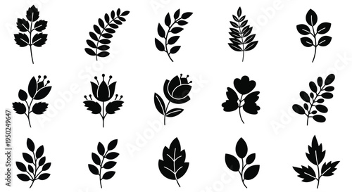 A collection of various leaf designs and patterns arranged in a grid layout