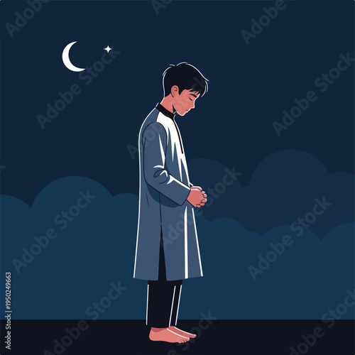 Man in prayer at night with crescent moon and star in the sky
