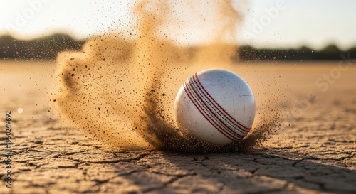 Cricket ball hitting dry earth ground.