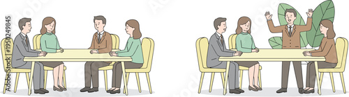 Business meeting transformation, formal discussion to joyful celebration, corporate teamwork, diverse professionals, office table, expressive group dynamics