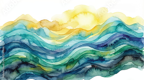 abstract watercolor landscape with wavy lines in blue and yellow hues on white background