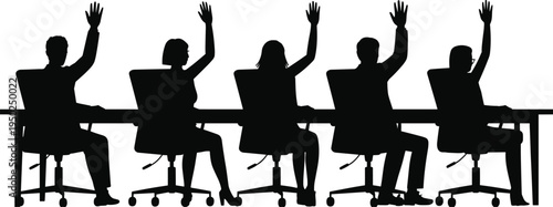 Business people raising hands in meeting, office teamwork silhouette vector illustration isolated on white background