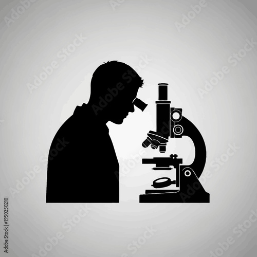 Scientist looking through microscope, silhouette, research, laboratory, science