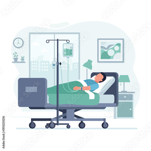 Patient in hospital bed receiving IV drip, medical care and recovery concept
