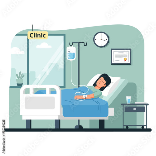 Patient resting in hospital bed with IV drip, clinic room interior, healthcare concept