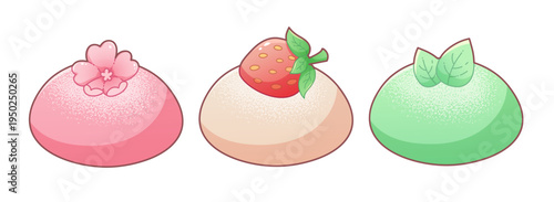 Asian mochi sweets in pink, white, and green. Pink rice cakes with strawberry, sakura, and matcha flavors. Japanese desserts vector illustration