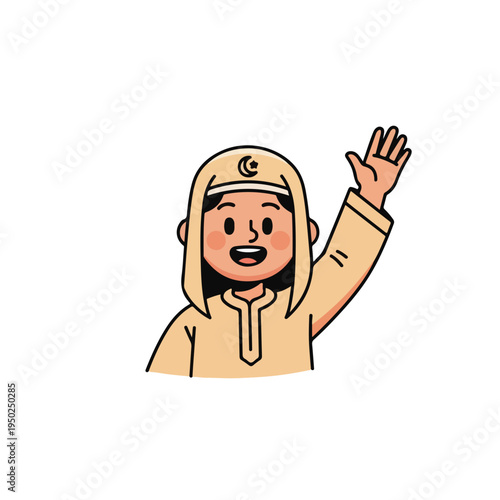Friendly cartoon woman with hijab waving her hand