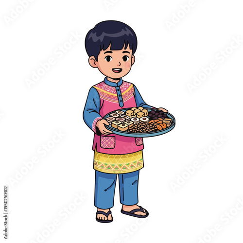 Boy holding a tray of assorted sweetmeats in traditional clothing