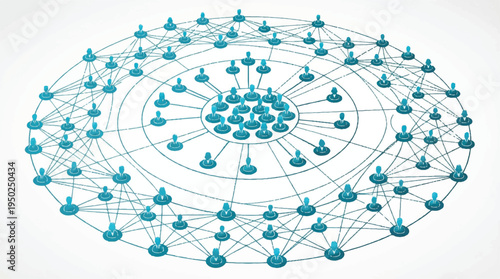 Blue network connections with people icons and lines on white background