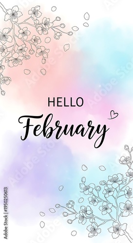 Hello February watercolor background with floral accents for social media.