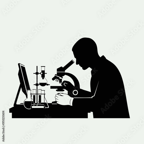 Scientist in Silhouette Using Microscope in Laboratory with Equipment and Computer