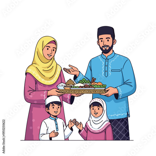 Muslim family celebrating Ramadan with traditional food